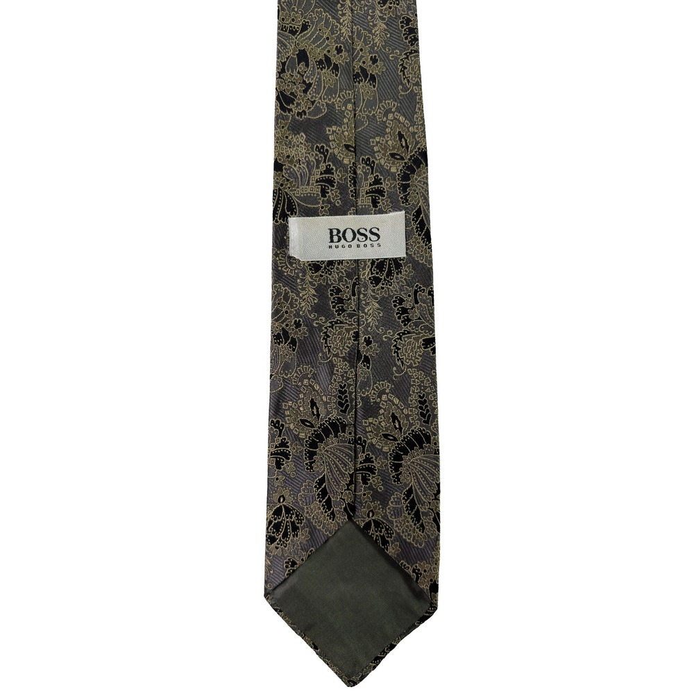 Hugo Boss Silk Tie Men's Grey Black Gold Floral Paisley Jacquard Made in Italy
